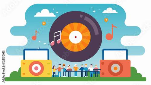 A record label holds a charity concert with all proceeds going towards supporting music education in schools. Vector illustration