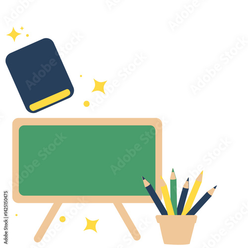 Educational illustration featuring a green chalkboard, a floating book, and pencil holder. Perfect for school themes, learning materials, classroom decor, or teacher resources.