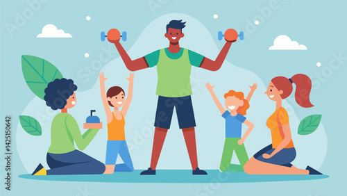 Overseeing a group fitness class the coach motivates participants to push themselves and prioritize their health and wellbeing.. Vector illustration