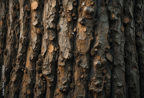 Close-up view of rugged tree bark showcasing textured patterns and earthy tones