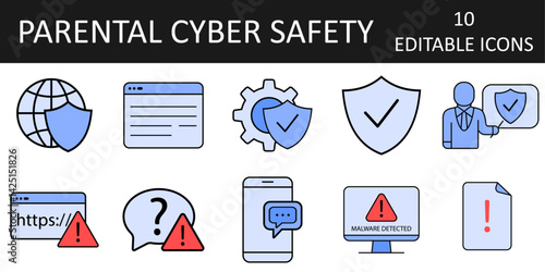 Parental Cyber Safety icon set with safe internet, clean browser, encrypted chat, antivirus shield, malware alert, and security awareness in a modern flat vector style.