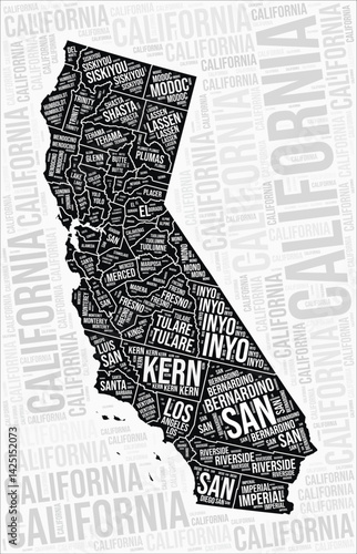 California counties map word cloud. California region names. Black and white map design. Creative vector illustration.