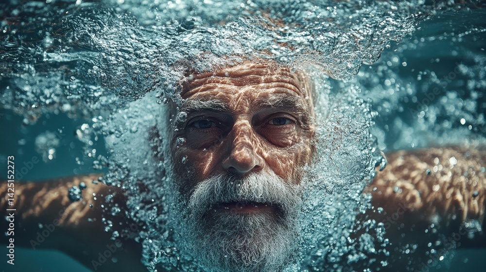 Fototapeta premium Mature man swimming underwater, bubbles around his face and beard. It's perfect for health, retirement, and active senior lifestyle concepts.