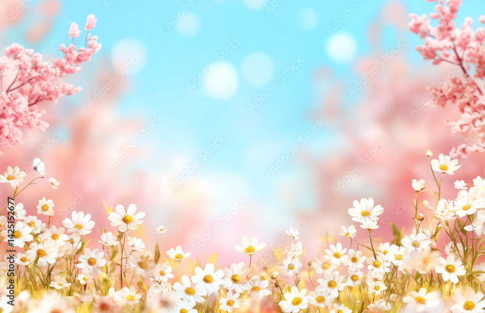 Beautiful spring meadow with daisies and pink trees, creating serene and vibrant atmosphere filled with blooming flowers and soft bokeh Beautiful spring meadow with daisies and pink trees, creating serene and vibrant atmosphere filled with blooming flowers and soft bokeh