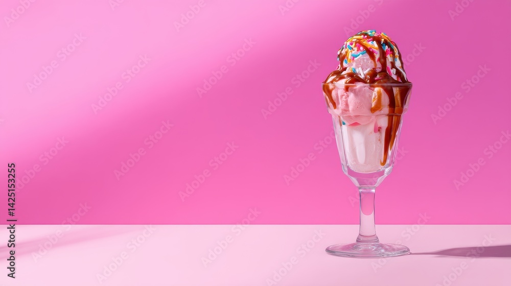 A vibrant ice cream sundae topped with chocolate sauce and sprinkles against a pink backdrop A vibrant ice cream sundae topped with chocolate sauce and sprinkles against a pink backdrop
