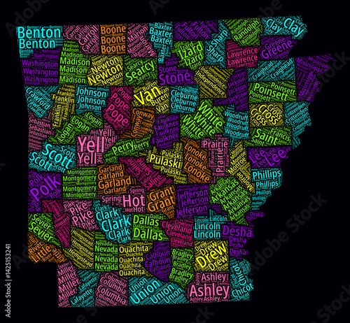 Arkansas Regions Word Clouds. Bright typographic style design on dark background. Arkansas region names tag clouds. Boundary shape. Elegant vector illustration.