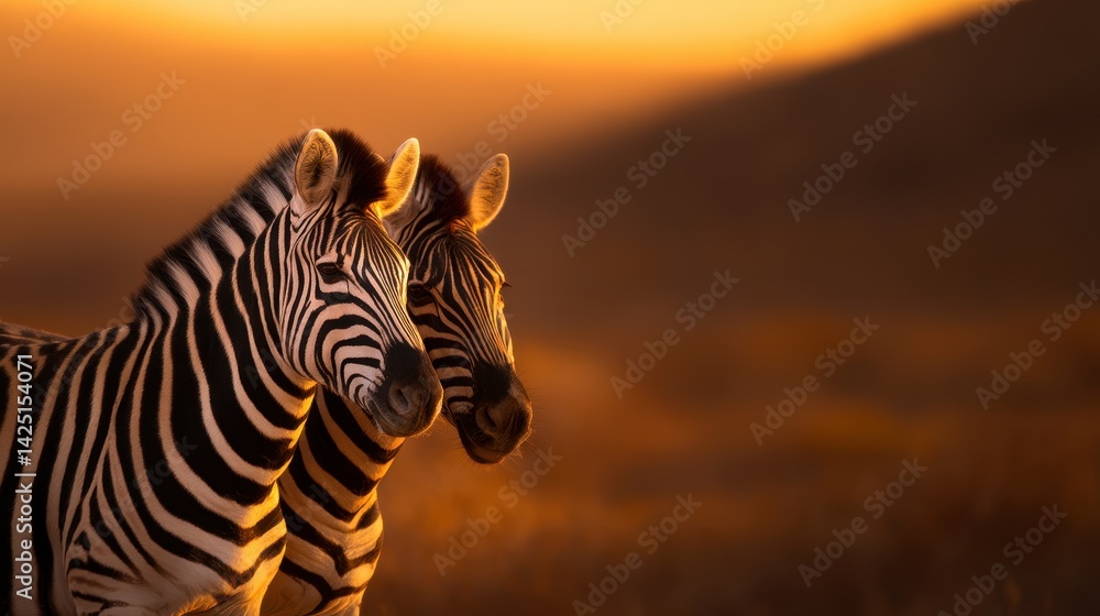 Obraz premium Two zebras standing together in a golden sunset, surrounded by a blurred savanna landscape
