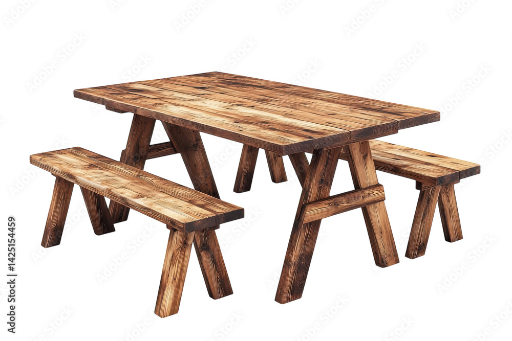 Rustic Wooden Picnic Table Set perfect for outdoor gatherings boasts a rich warm brown tone on transparent background Rustic Wooden Picnic Table Set perfect for outdoor gatherings boasts a rich warm brown tone on transparent background