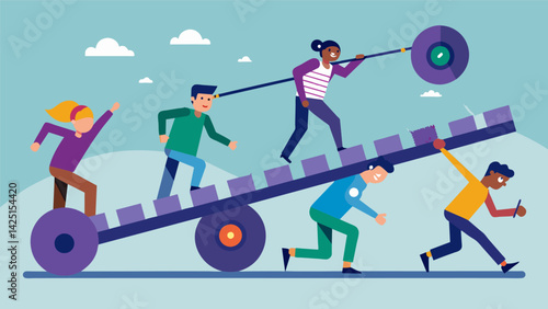 A group of people desperately trying to stop the conveyor belt as it churns out exaggerated problems that threaten to overwhelm them..