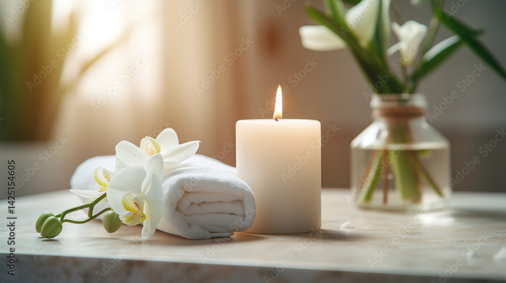 Aromatherapy candle on counter in modern bathroom, morning routine, Healthy and wellness concept. Aromatherapy candle on counter in modern bathroom, morning routine, Healthy and wellness concept.