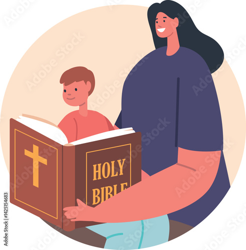 Mother reading bible for son