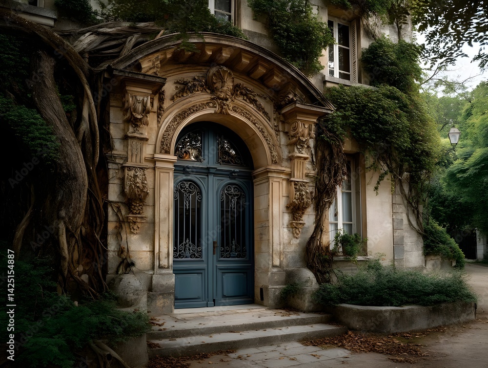 Fototapeta premium Parisian Doorway: Ivy-Covered Old Building - Dark Moody Photography