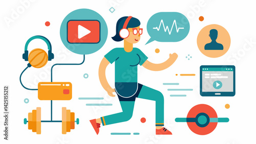 Fitness apps and resources with audio cues and descriptions for individuals with vision impairments to follow along with workouts.. Vector illustration