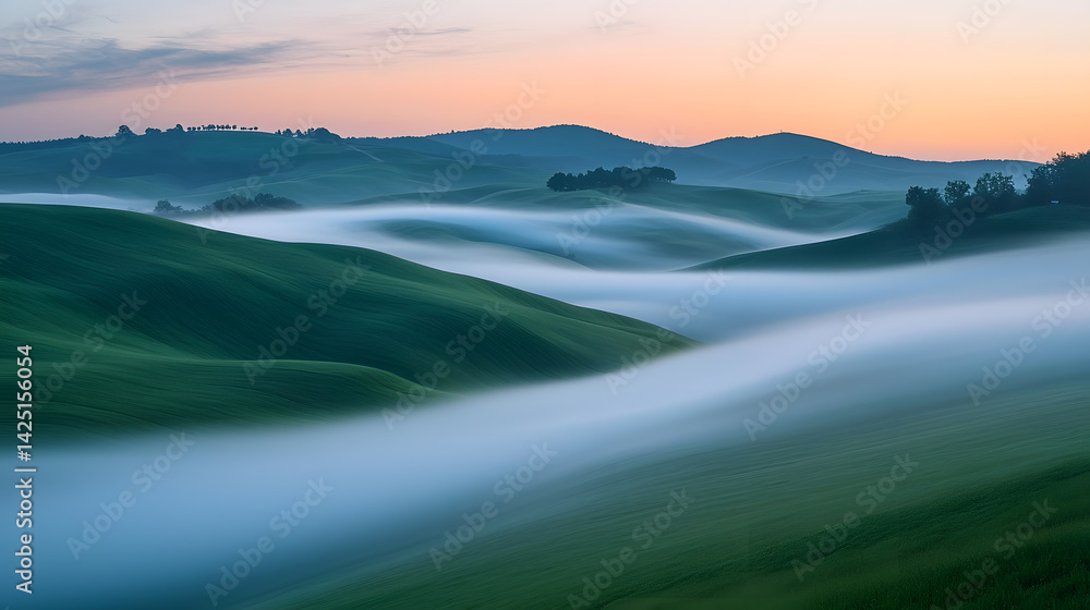 Obraz premium Whispers of the Morning: The morning sun kisses rolling green hills, shrouded in a veil of mist, casting a serene and tranquil spell upon the landscape.