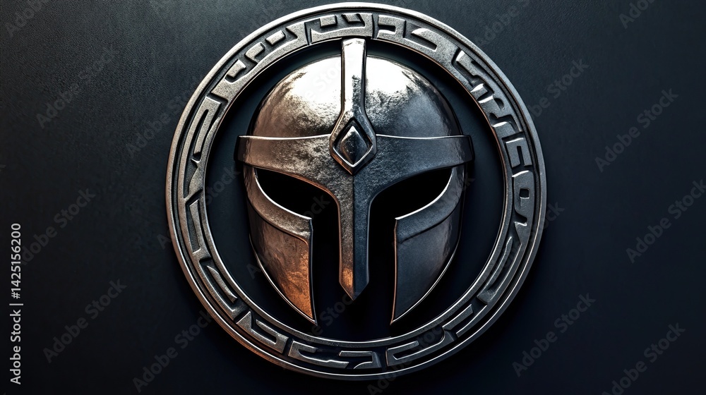 Spartan Helmet Emblem Illustration in Silver Circle, Logo Concept Representing Strength, Leadership, and Ancient Warrior Culture for Branding and Identity Design Spartan Helmet Emblem Illustration in Silver Circle, Logo Concept Representing Strength, Leadership, and Ancient Warrior Culture for Branding and Identity Design