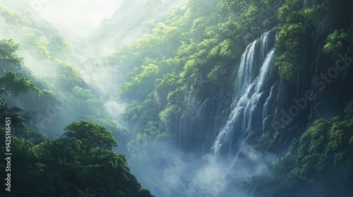 A misty waterfall cascading down into a lush, green rainforest.