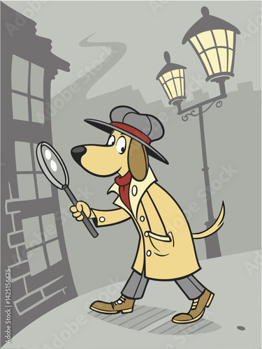 Cartoon Detective Dog with Magnifying Glass, Trench Coat, and Fedora Investigating on a City Street at Night
