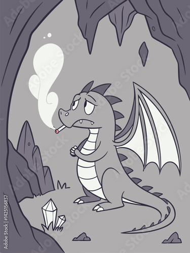 Sad Cartoon Dragon Smoking in a Cave: Black and White Illustration, Winged Creature, Fantasy Art, Crying
