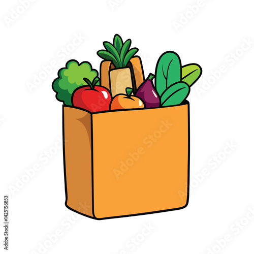 Grocery bag full with vegetables vector illustration. Fresh produce in eco-friendly shopping bag, organic food, healthy lifestyle.