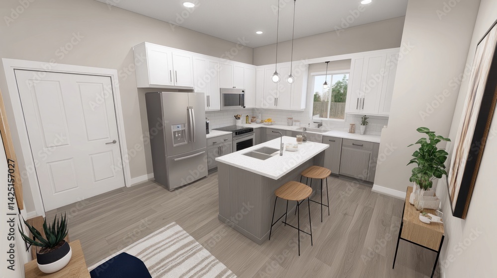 Modern kitchen design featuring white and gray cabinetry. Modern kitchen design featuring white and gray cabinetry.