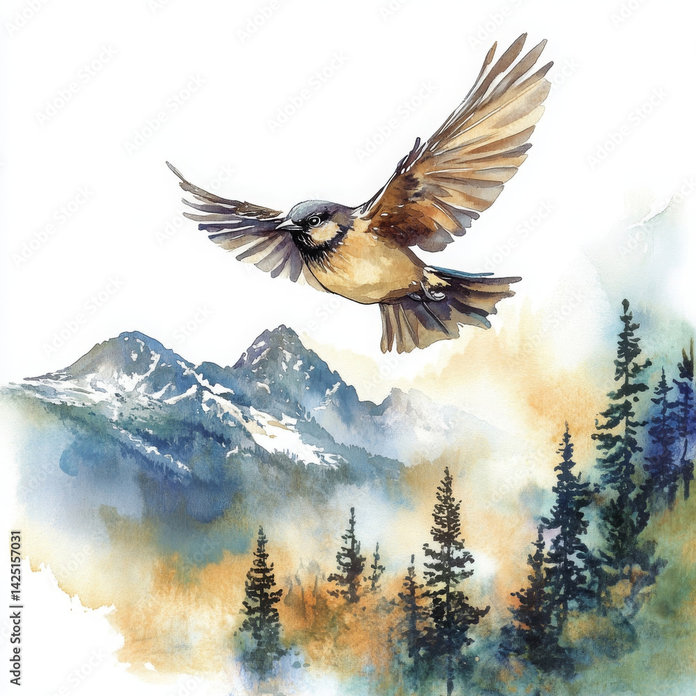 Fototapeta premium bird soaring above majestic mountains and lush trees, capturing beauty of nature