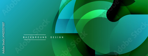 Abstract design features overlapping translucent circles. Gradient transitions shift from teal to dark green. Modern aesthetic suitable for backgrounds, presentations, digital art.