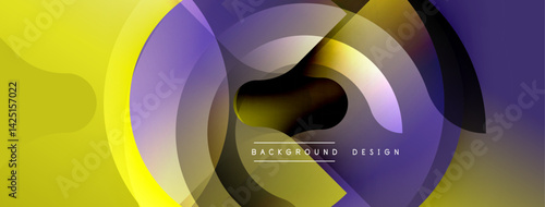 Abstract fluid shapes, vibrant yellow, purple hues blend. Modern design features overlapping layers, creating dynamic visual effect. Minimalist text background design present.