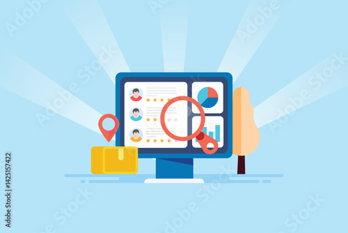 List of customer feedback and rating on screen, business review, user testimony and comment with analytics chart concept.