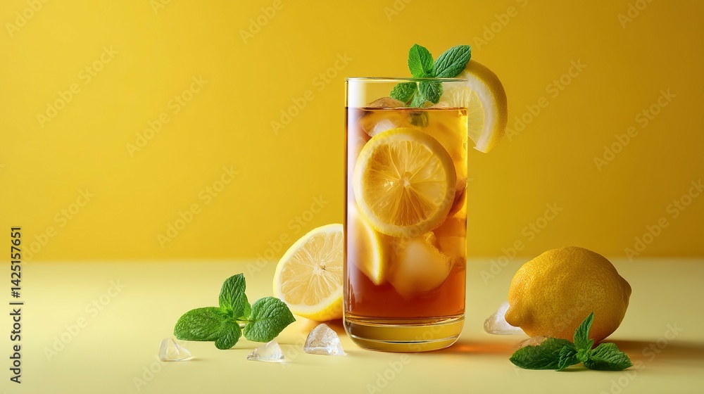Fototapeta premium Refreshing iced tea with lemon slices and mint.