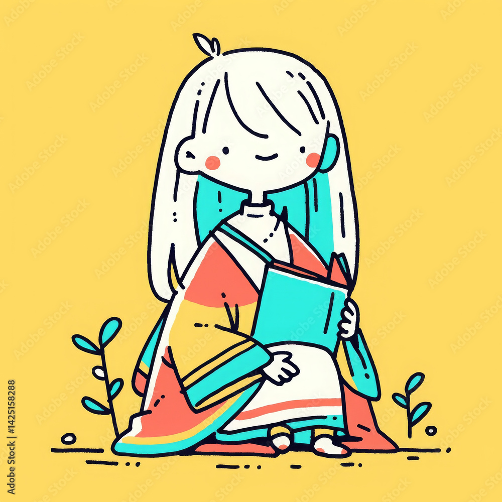 Naklejka premium calm character in colorful robe holds book, surrounded by small plants