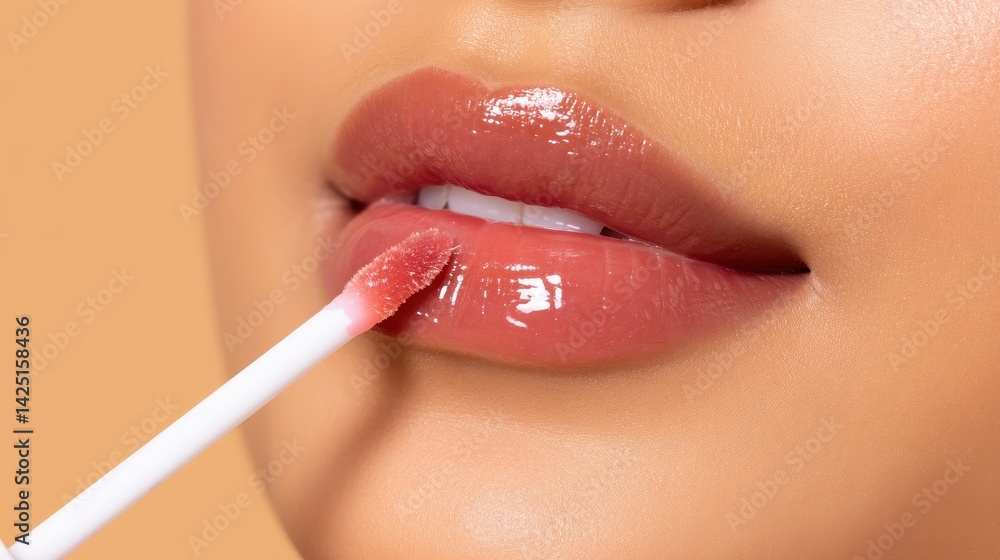 Naklejka premium Close-up of a woman's lips being applied with a glossy lip gloss, warm background enhancing beauty