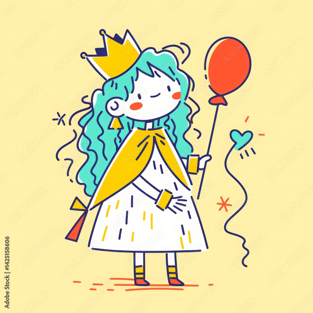 charming young girl in crown holds red balloon, radiating joy and innocence charming young girl in crown holds red balloon, radiating joy and innocence