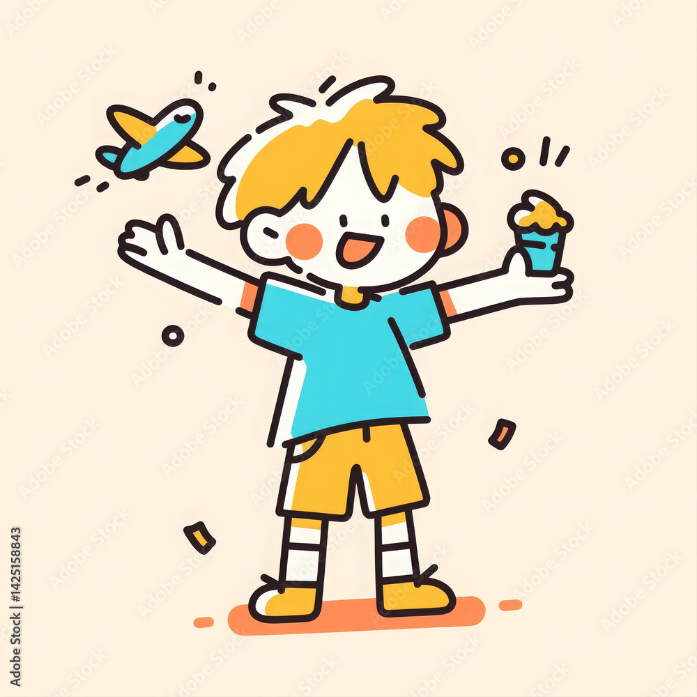 Cheerful little boy with ice cream and toy plane, celebrating joyfully Cheerful little boy with ice cream and toy plane, celebrating joyfully