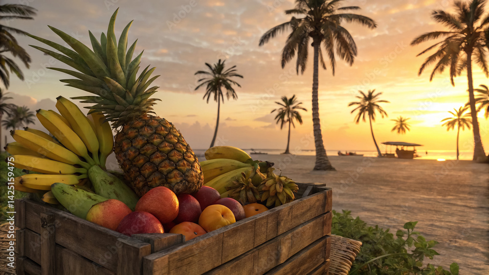 Tropical fruit bounty at sunset on a pristine beach, bathed in warm golden light. Tropical fruit bounty at sunset on a pristine beach, bathed in warm golden light.