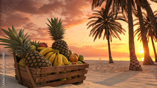 Fototapeta Naklejka Na Ścianę i Meble -  A vibrant tropical fruit basket at sunset, basking in the warm golden light of a beach paradise, with palm trees silhouetted against the sky.