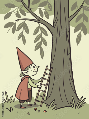 Cartoon Gnome with Red Cape Climbing Ladder Up a Tree in a Vintage Illustration Style, Nature Scene