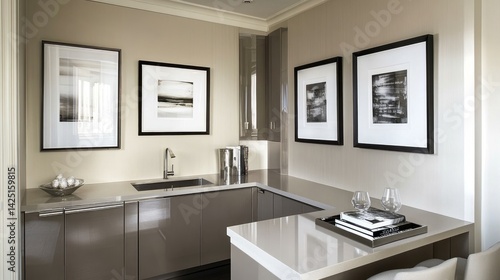 Wallpaper Mural Modern gray-toned kitchen bar area with framed art. Torontodigital.ca