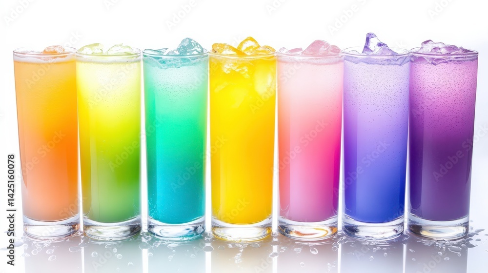 Vibrant Juice Lineup in Pastel Colors on White Background Vibrant Juice Lineup in Pastel Colors on White Background