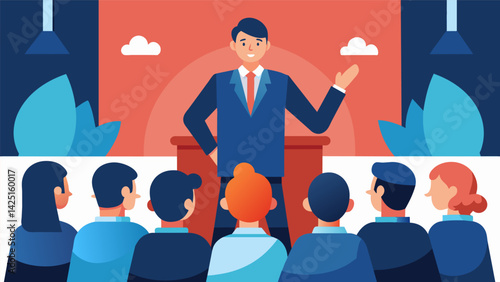 A man giving a presentation at work his fear filter causing him to imagine every person in the audience as a harsh judge ready to ridicule him..