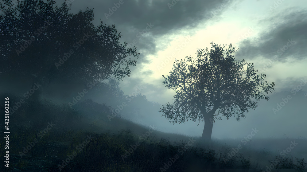 Naklejka premium Whispers of the Mist: A haunting image of a lone tree in the distance, cloaked in ethereal mist, creates an atmosphere of mystery and wonder.