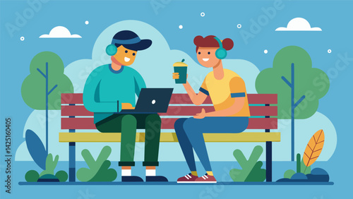A pair of friends sitting at a park bench discussing new and underground artists as they work on a playlist for their local music scene. Vector illustration