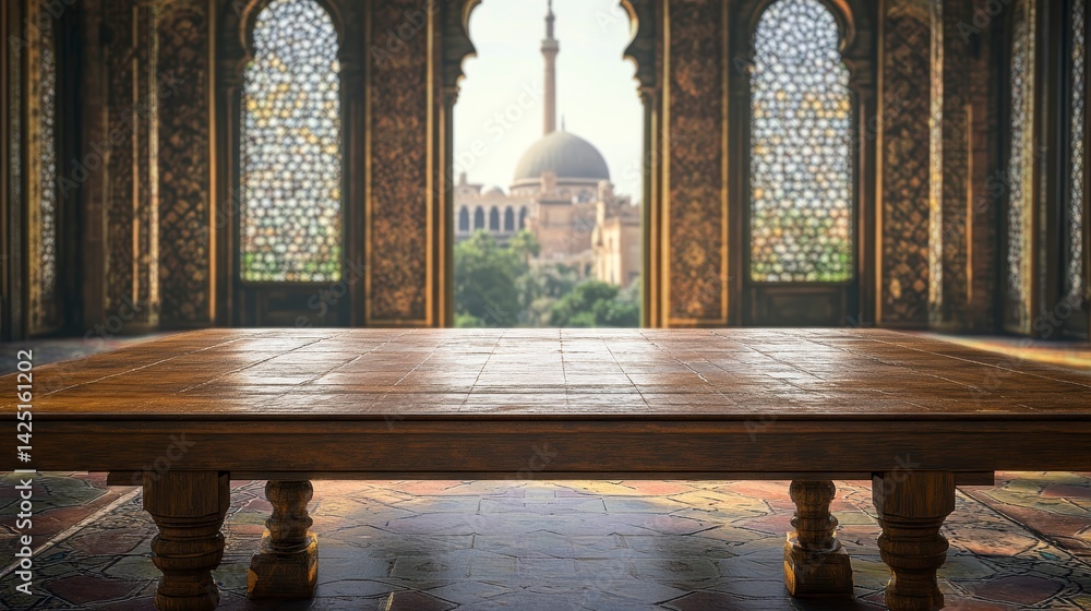 Fototapeta premium Empty wooden table in ornate room overlooking mosque.