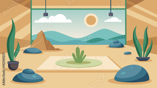 A meditation room within a fitness facility incorporating elements of nature such as sand rocks and plants to promote grounding and mindfulness.. Vector illustration