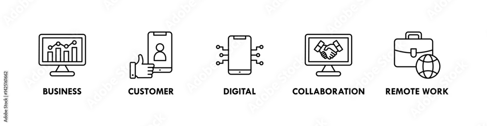 Digital Transformation banner web icon vector illustration concept with icons of business, customer, digital, collaboration, and remote work Digital Transformation banner web icon vector illustration concept with icons of business, customer, digital, collaboration, and remote work