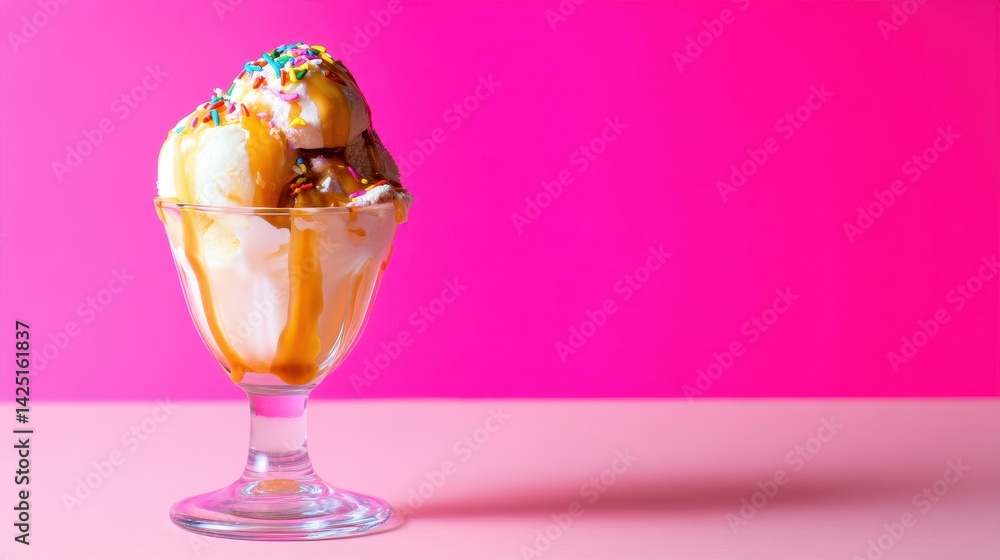 Delicious ice cream sundae topped with caramel and sprinkles against a vibrant pink backdrop Delicious ice cream sundae topped with caramel and sprinkles against a vibrant pink backdrop