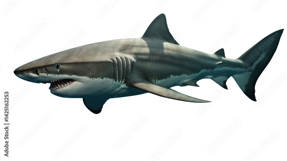 Fototapeta premium Realistic great white shark swimming underwater with sunlight rays above, showcasing powerful jaws and sharp teeth isolated on a transparent background, png, cutout