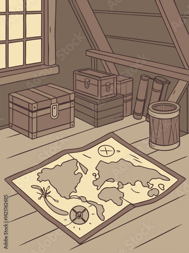 Sepia-Toned Attic Illustration: Treasure Map, Chests, Books, Window, Wooden Barrel, and Attic Interior. Vintage Adventure Scene.