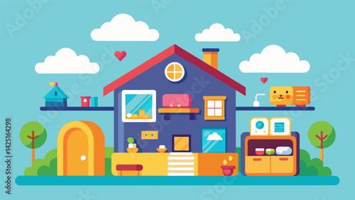 Design a custom home for your virtual pet to live in complete with furniture decorations and interactive features.. Vector illustration