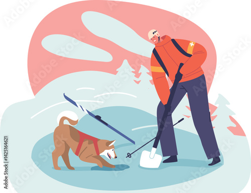 Rescuer with dog digging skier