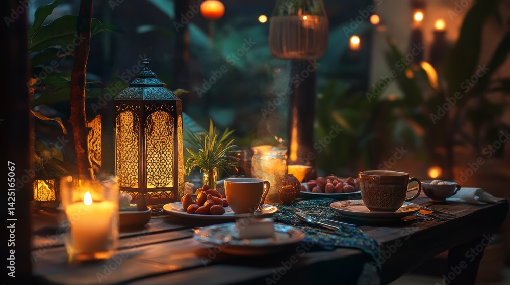Romantic evening table setting with lanterns, candles, and tea. Romantic evening table setting with lanterns, candles, and tea.
